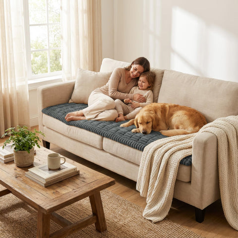 Pet friendly living room scene with Smiry couch cover and a playful dog.