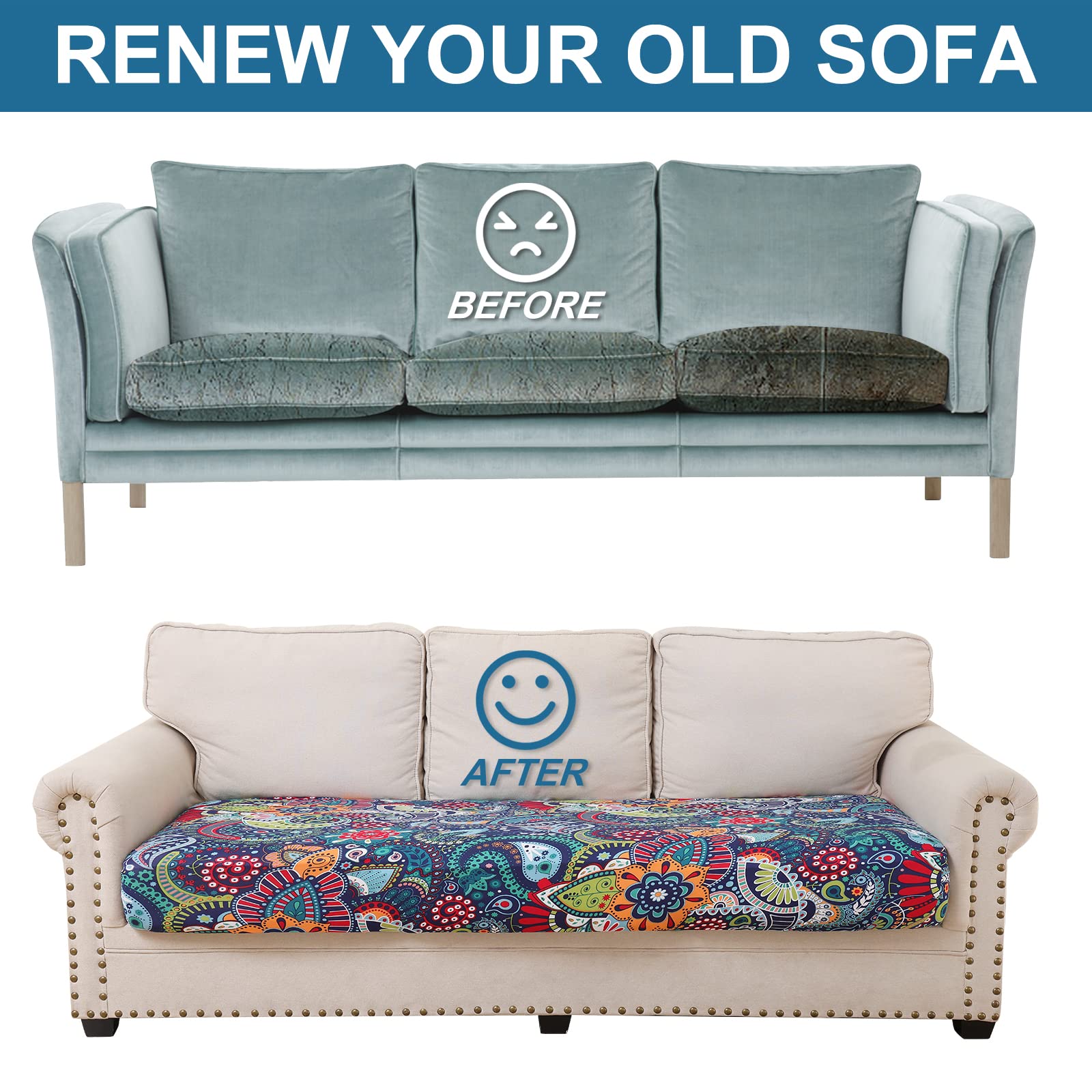 Smiry two-pack blue-green cushion cover laid flat to emphasize elasticity.