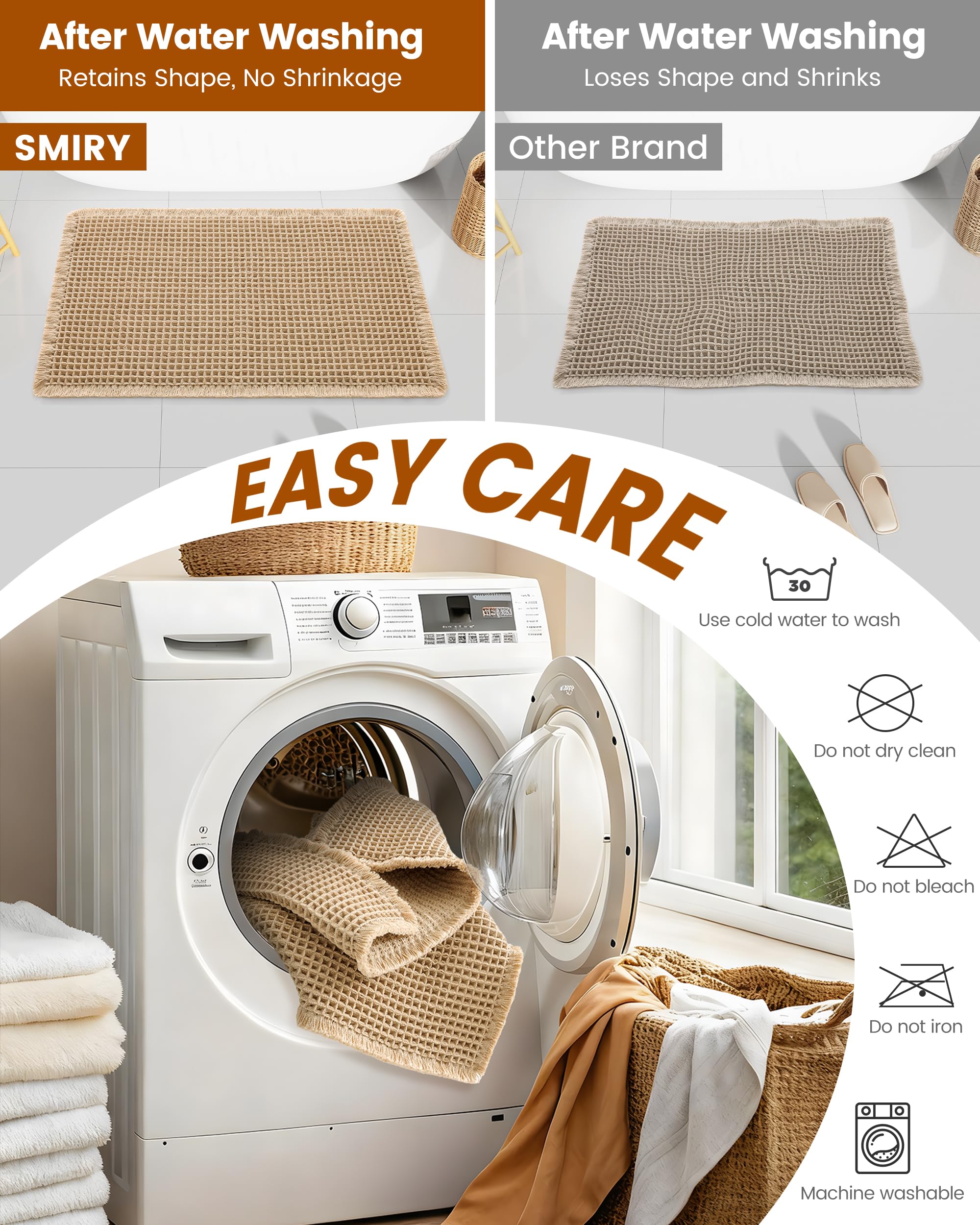 Smiry brown bath mat shown in a warm, inviting bathroom.