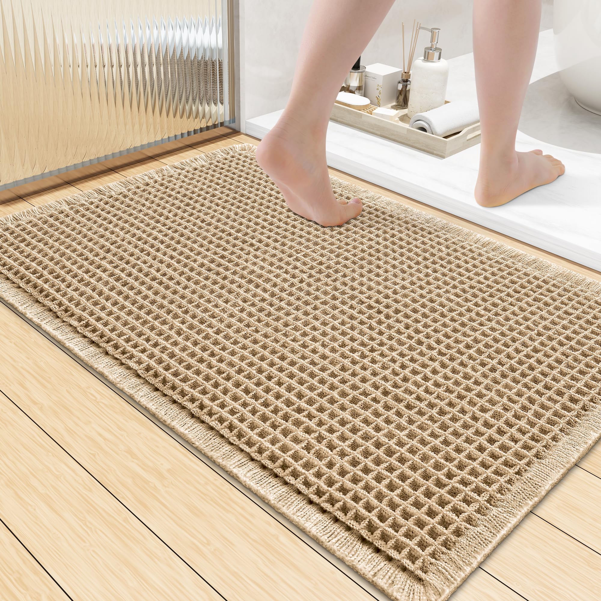 Smiry waffle bath mat front view with dense weave for plush underfoot.