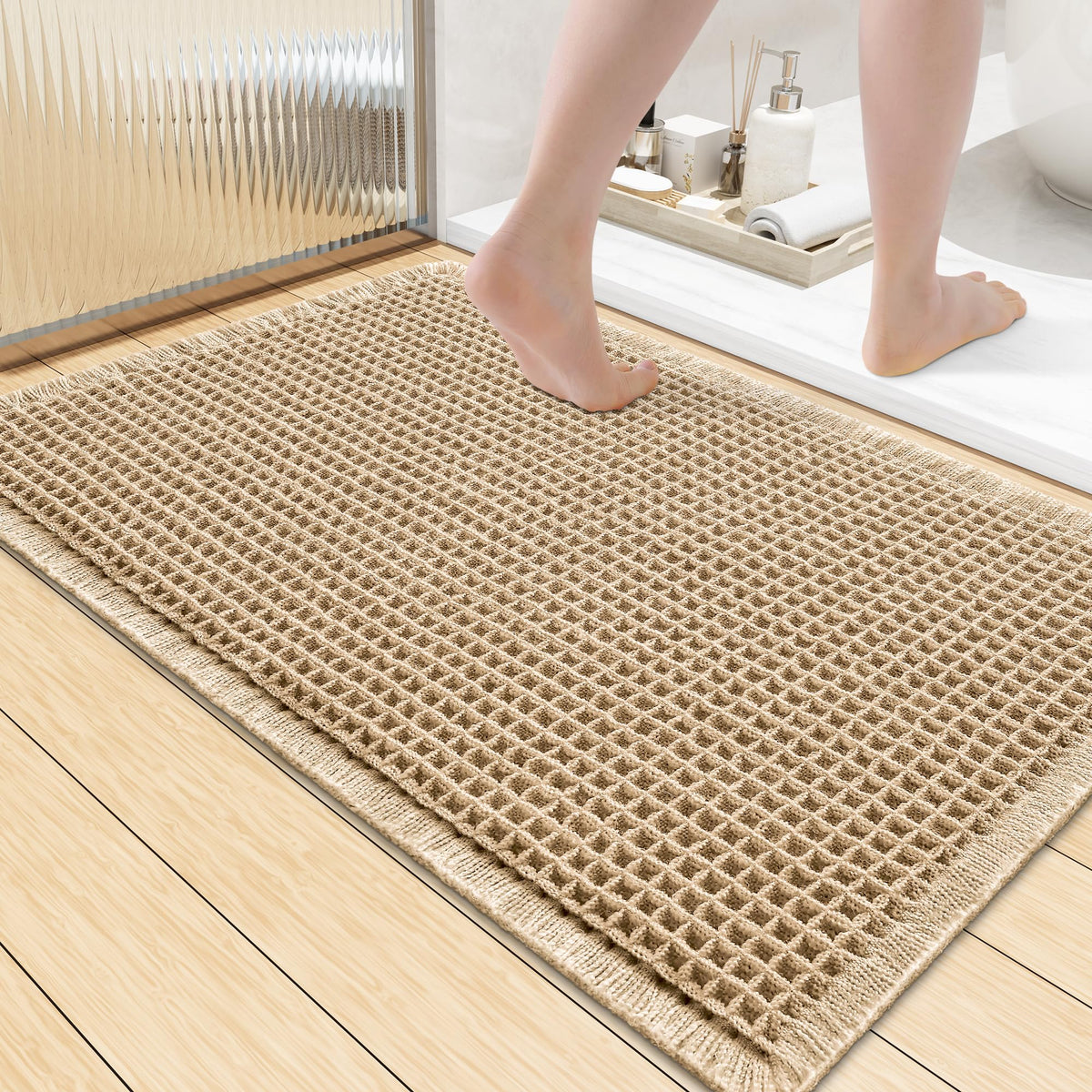 Smiry waffle bath mat front view with dense weave for plush underfoot.