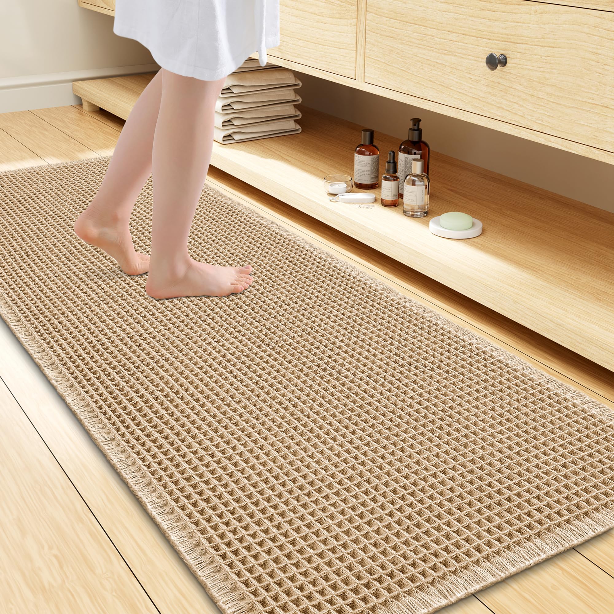 Smiry waffle bath mat main view shows durable woven texture and brown finish