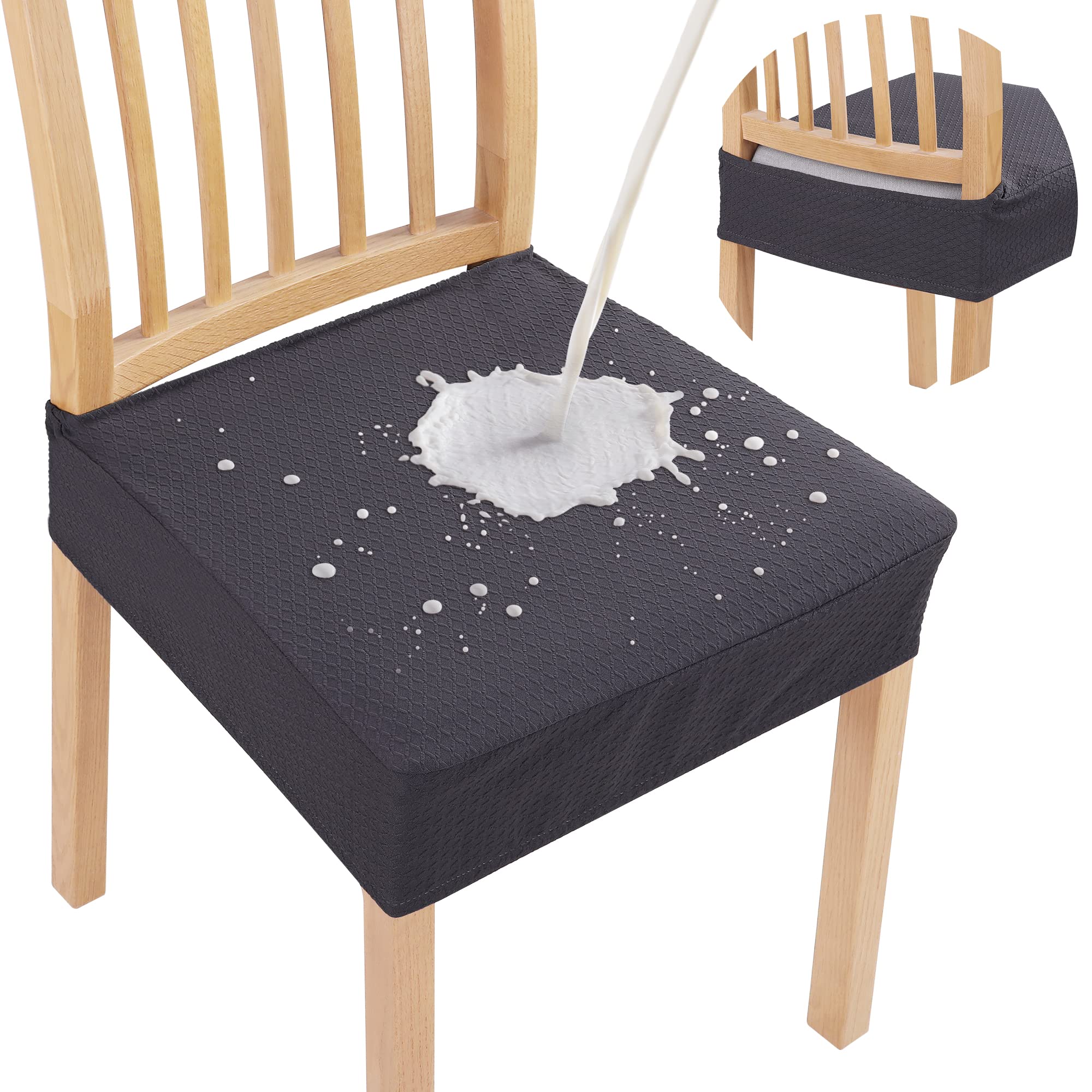 Smiry waterproof seat covers for dining chairs in front view show spill protection in action.