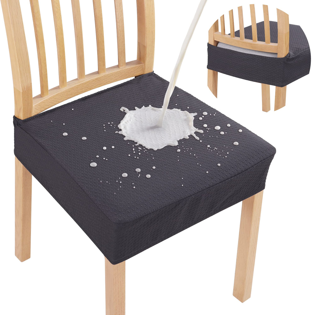Smiry waterproof seat covers for dining chairs in front view show spill protection in action.