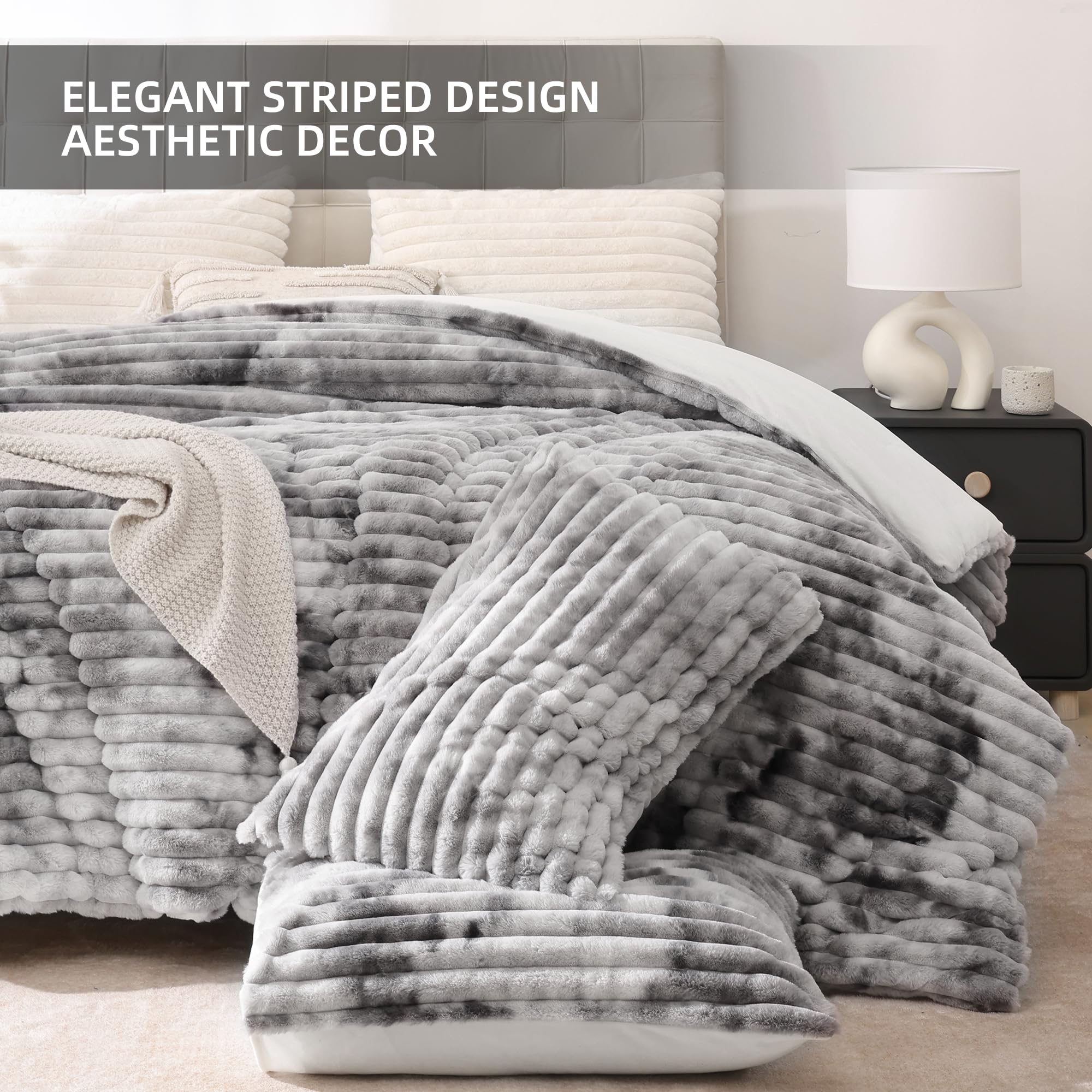 Smoofy fluffy king size comforter with 3D stripe pattern decor-friendly.