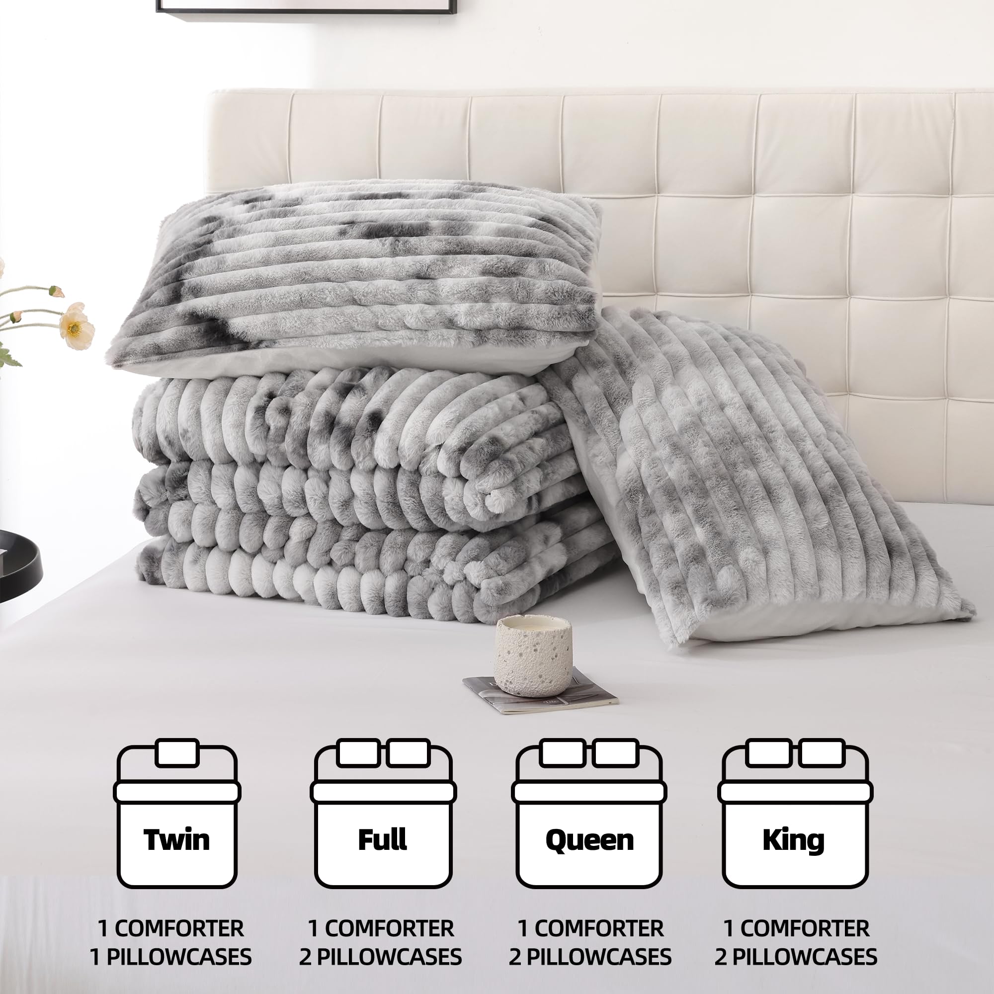 Smoofy all-season warmth represented by heavy faux fur comforter with easy care.