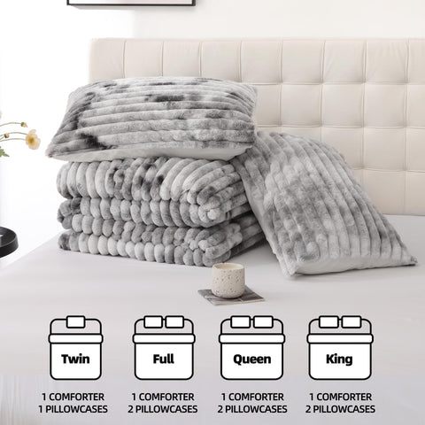 Smoofy all-season warmth represented by heavy faux fur comforter with easy care.