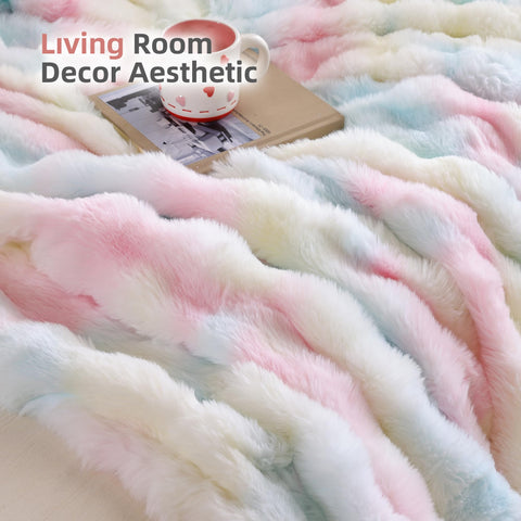 Smoofy rainbow blanket used as decorative couch and bed accent