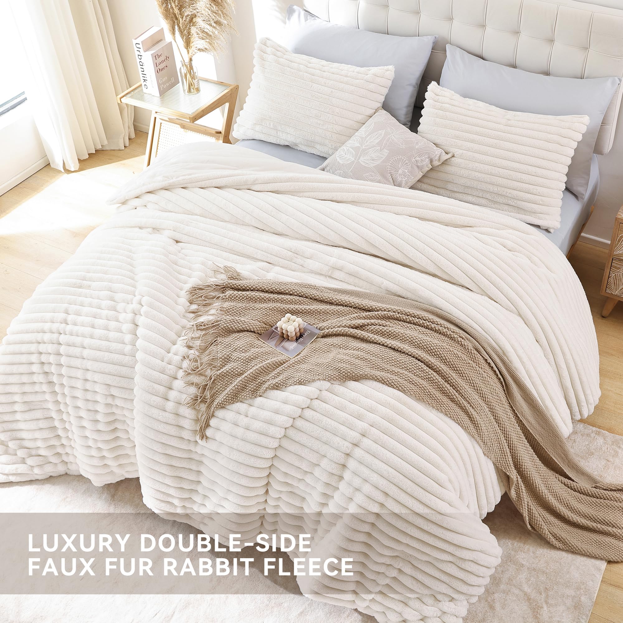 Smoofy cream comforter features a 3D striped texture to elevate decor