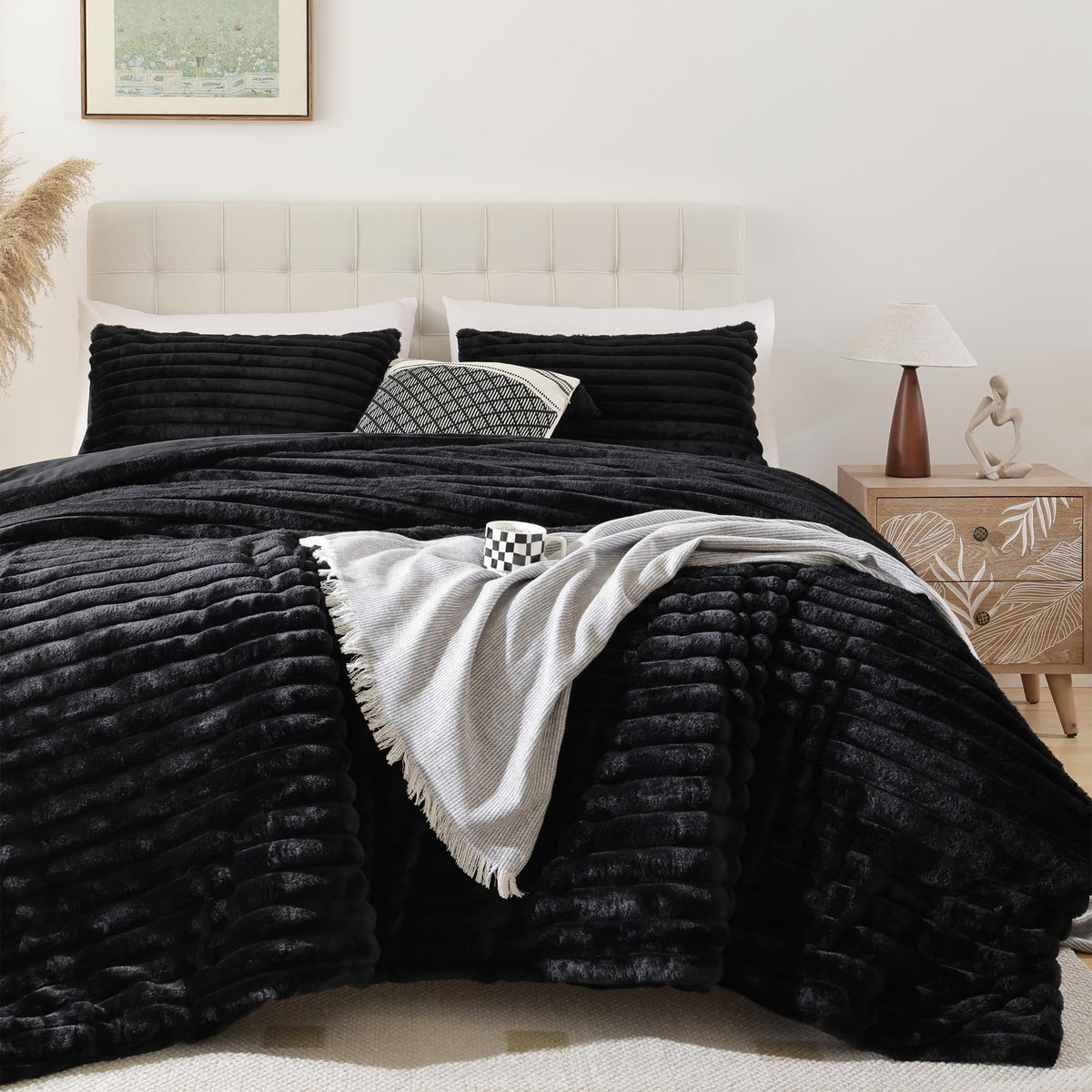Smoofy Fluffy Queen Comforter Set displayed on bed for all-season warmth and style.