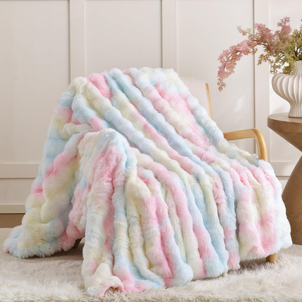Smoofy rainbow bubble texture faux fur throw on a sofa for cozy decor