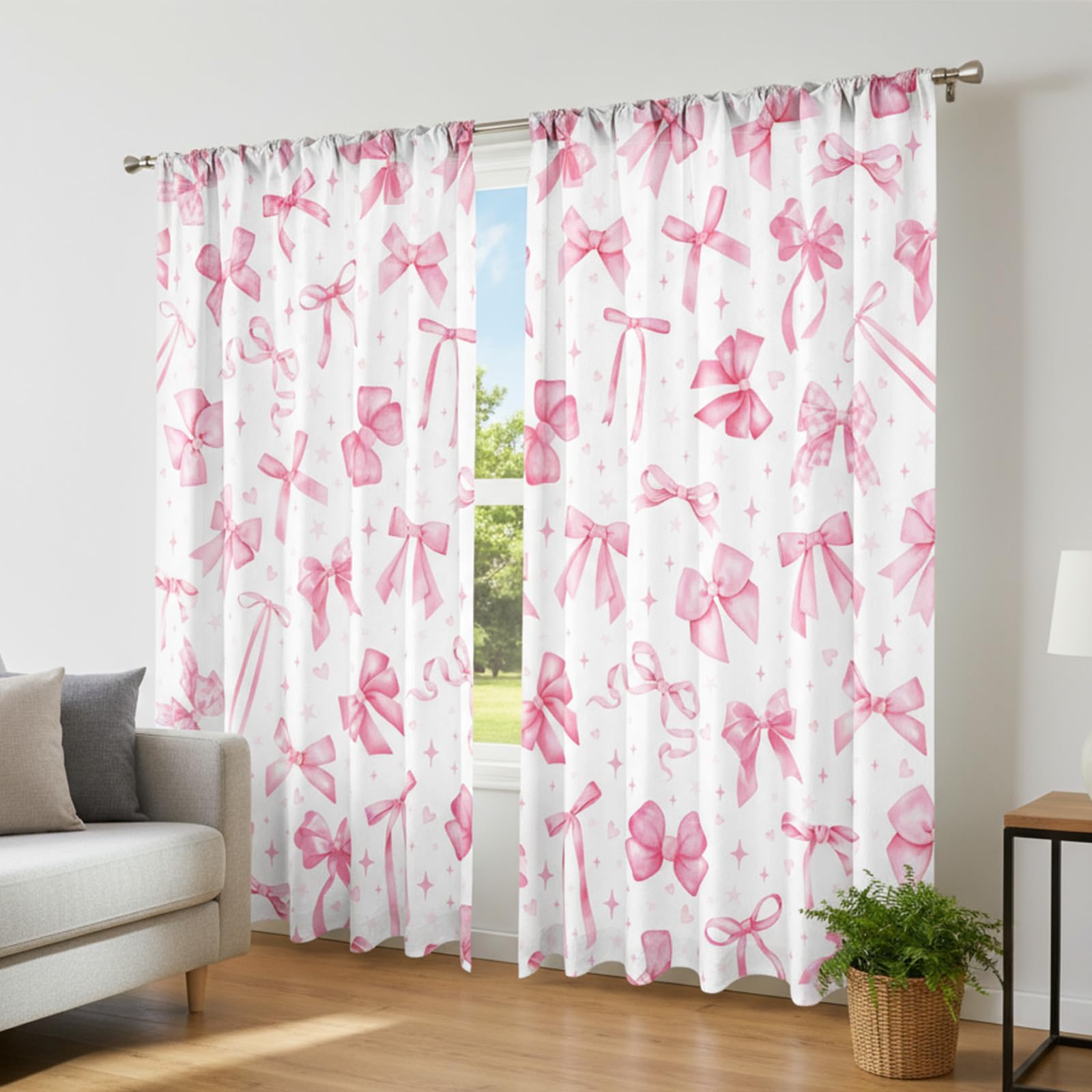 SmoothNovelty pink bow curtains provide 50-60% dimming for privacy.