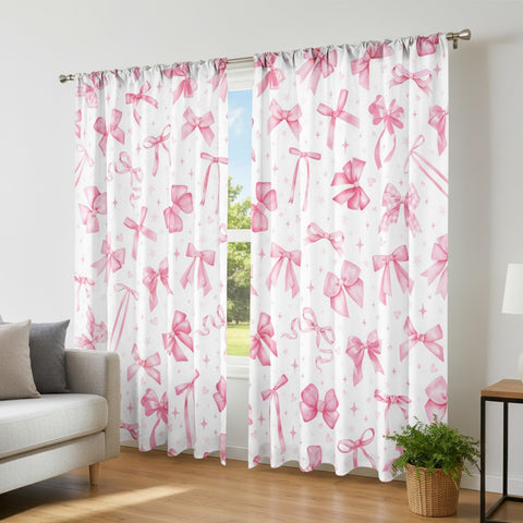 SmoothNovelty pink bow curtains provide 50-60% dimming for privacy.