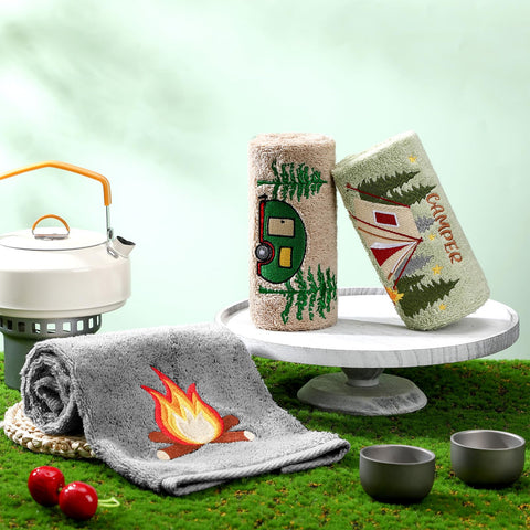SmoothNovelty rv campfire tent pattern towel enhances rustic bathroom decor