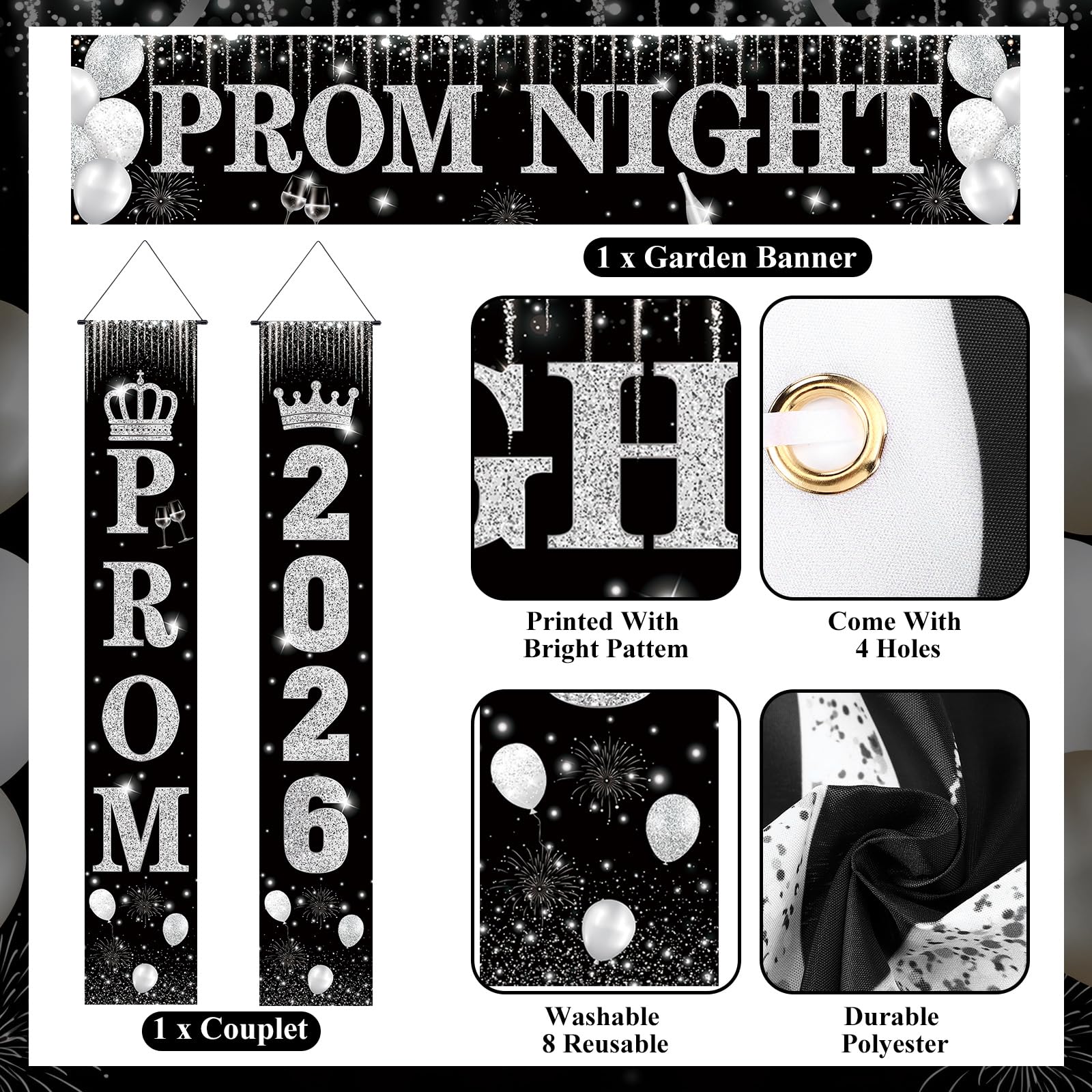 SmoothNovelty silver and black prom banner adds elegance to celebrations