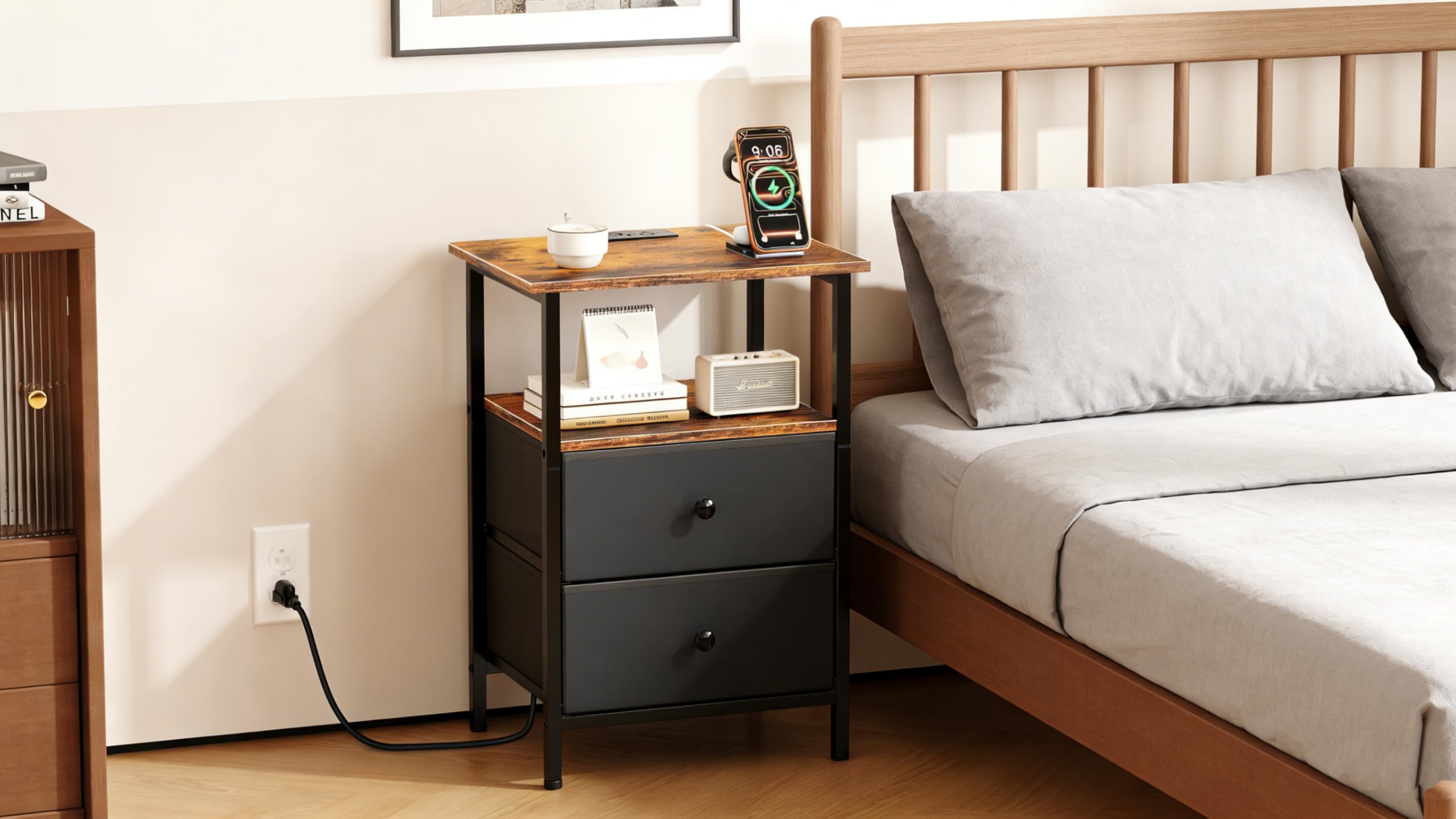 Smoproper nightstand in a bedroom setup demonstrating bedside organization