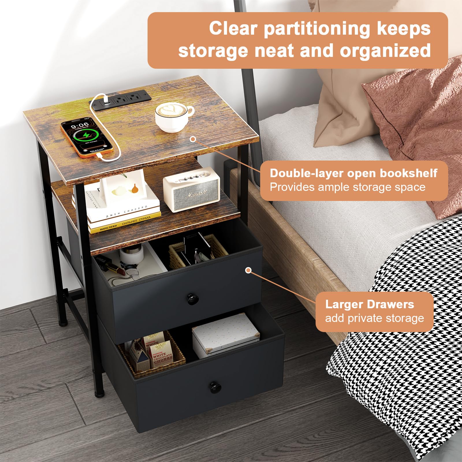 Smoproper nightstand open shelves and drawers keep books neatly organized
