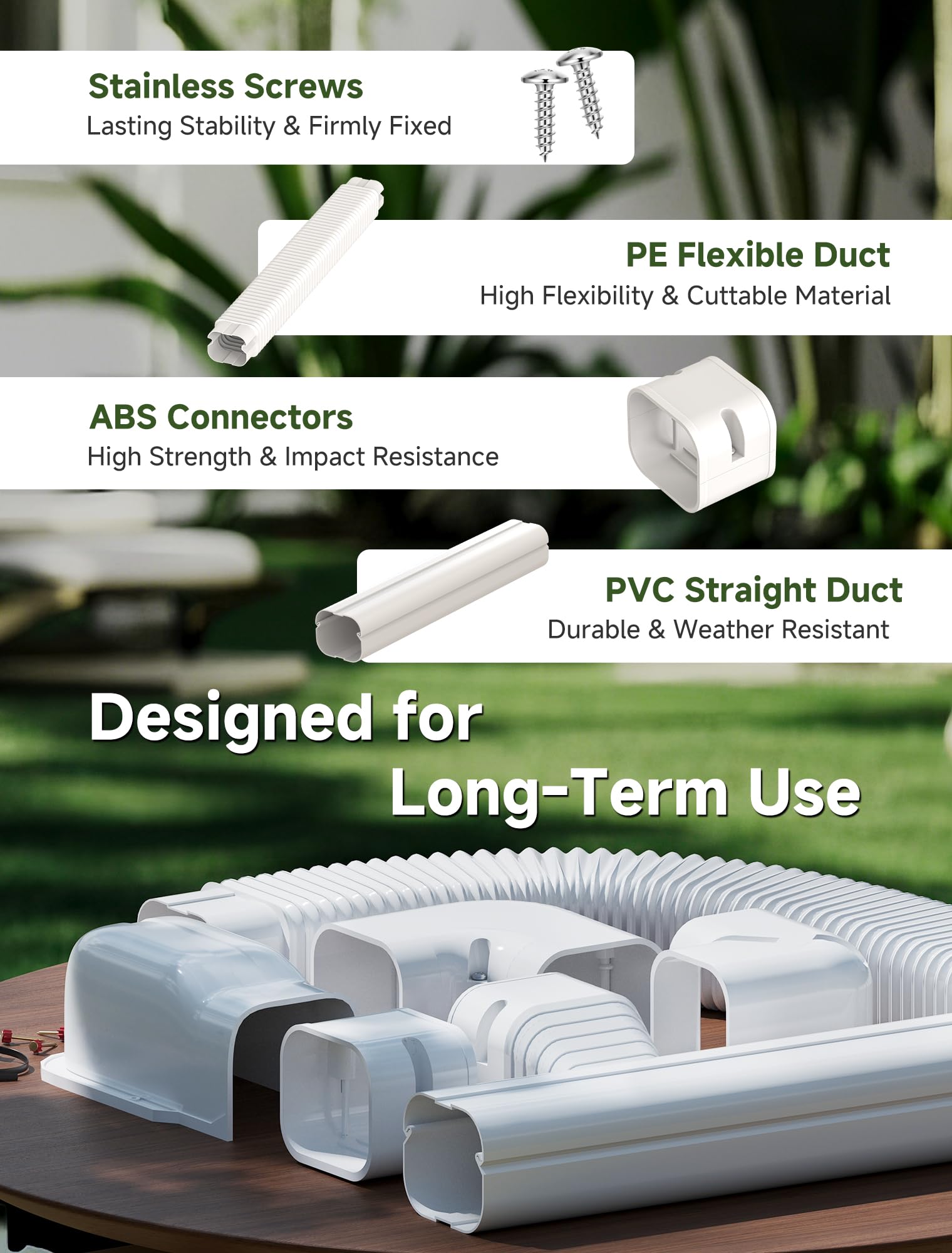 SMOQIO line set cover 3in 10ft uses durable PVC and ABS materials for longevity.