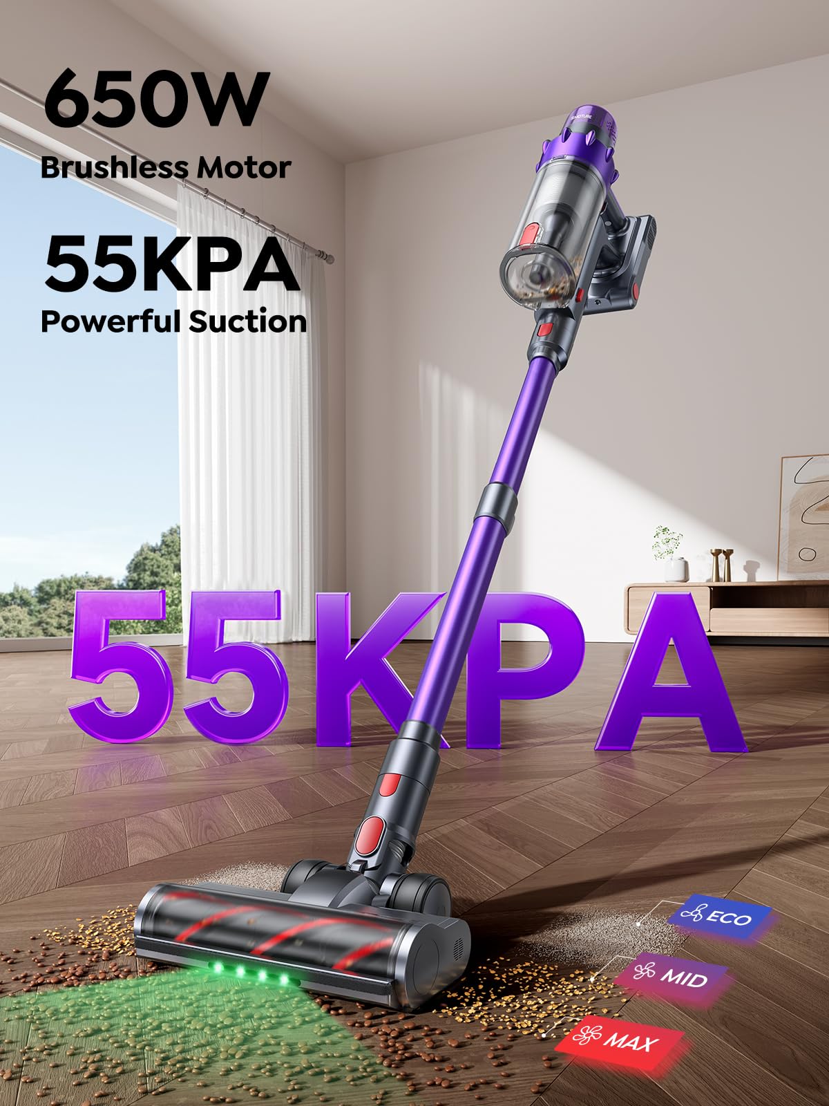 SMOTURE vacuum shows 55KPa suction for deep carpet and hard floor cleaning
