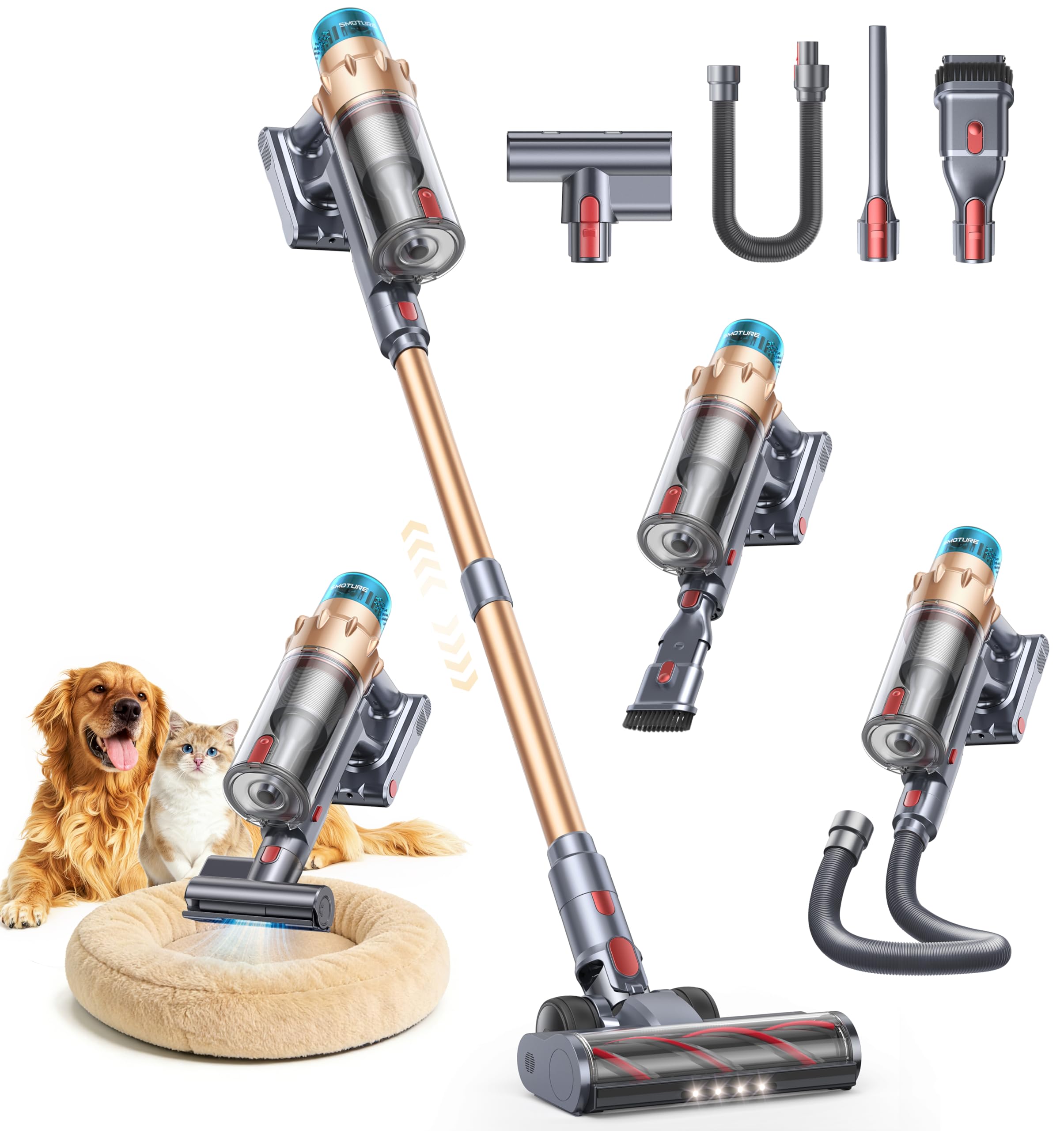 SMOTURE cordless vacuum on floor shows 55kPa suction for deep cleaning