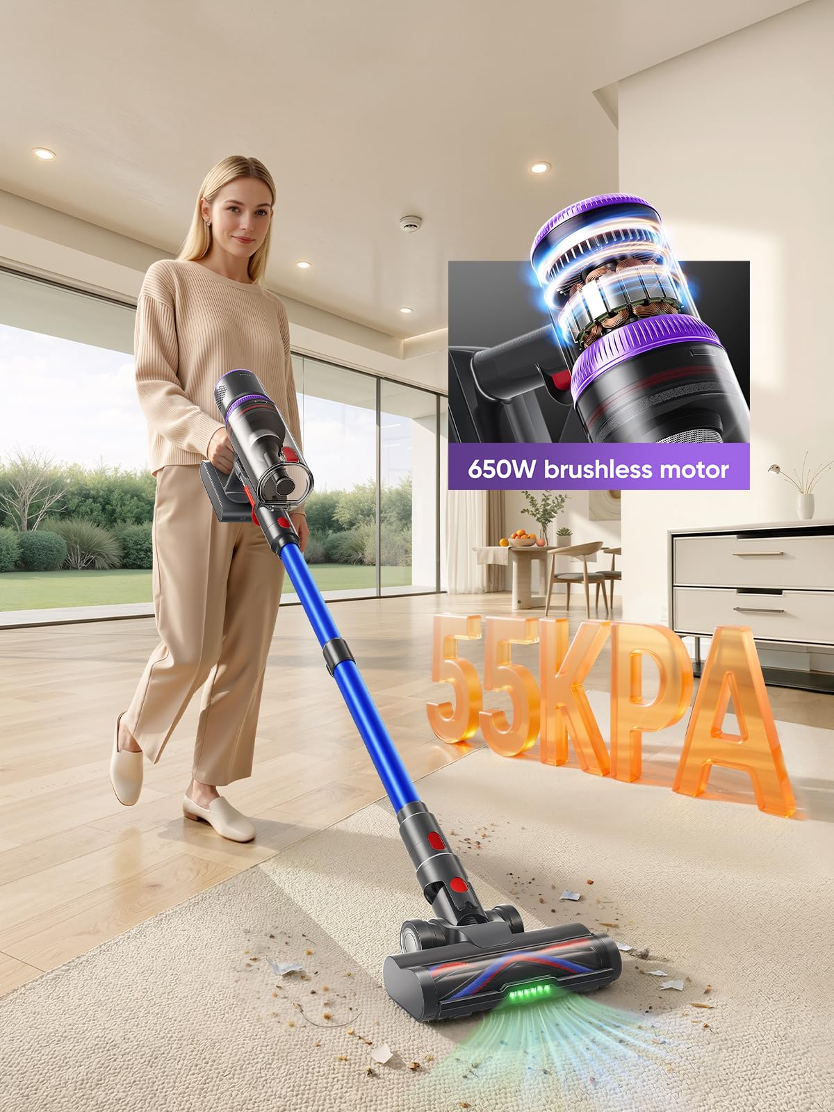 SMOTURE vacuum with 70-minute ECO runtime for whole-home cleaning.
