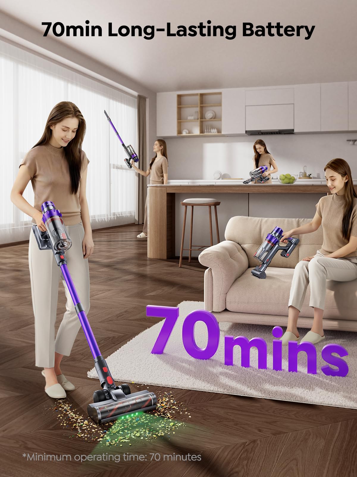 SMOTURE cordless vacuum runs up to 70 minutes in ECO mode for whole-house cleaning