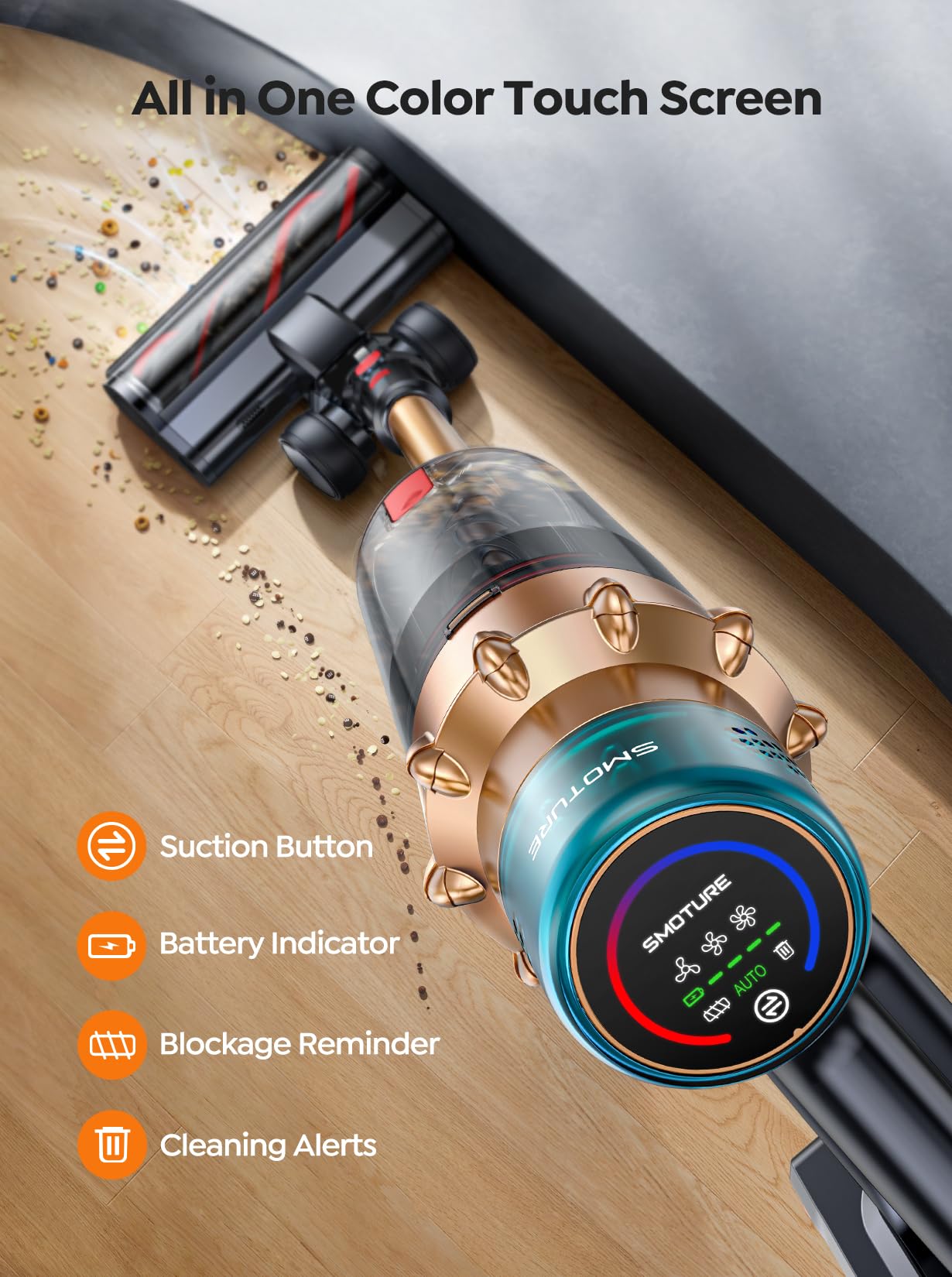 SMOTURE cordless vacuum auto mode automatically adjusts suction