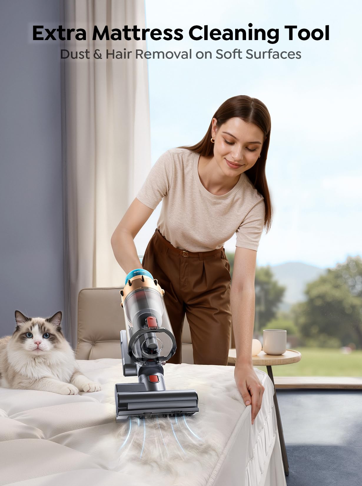 SMOTURE cordless vacuum motorized bed brush lifts dust from upholstery