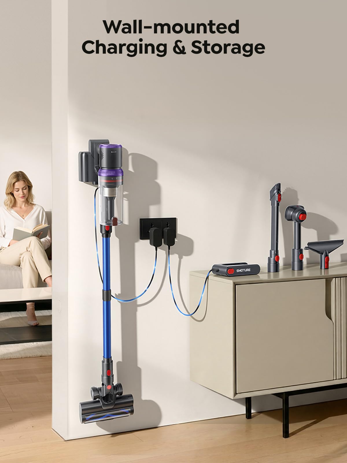 SMOTURE wall-mount charging station keeps unit organized and charged.