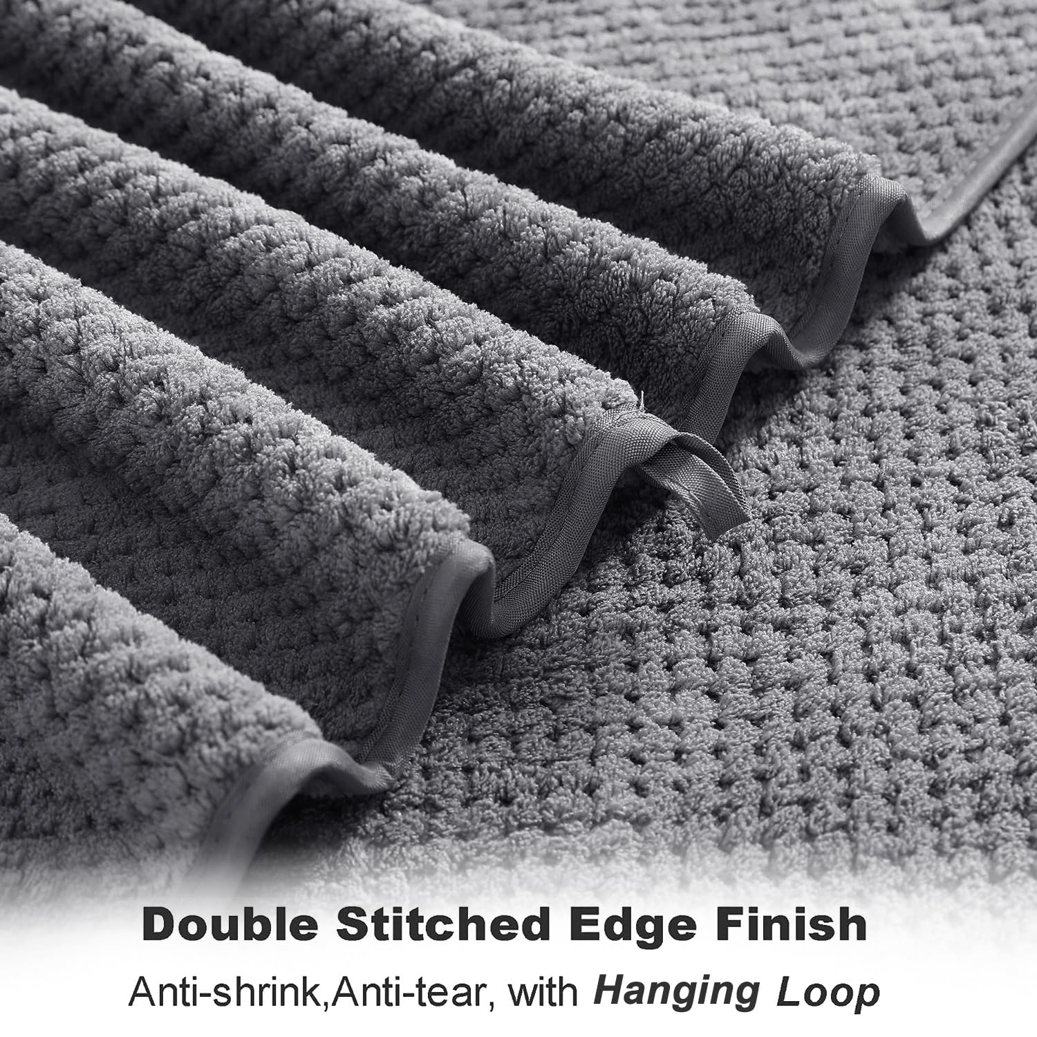 Smuge towel edge reinforced with double-needle stitching in gray