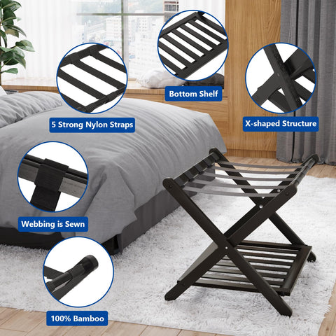 Smuxee bamboo luggage rack highlights natural durability and stylish warmth.