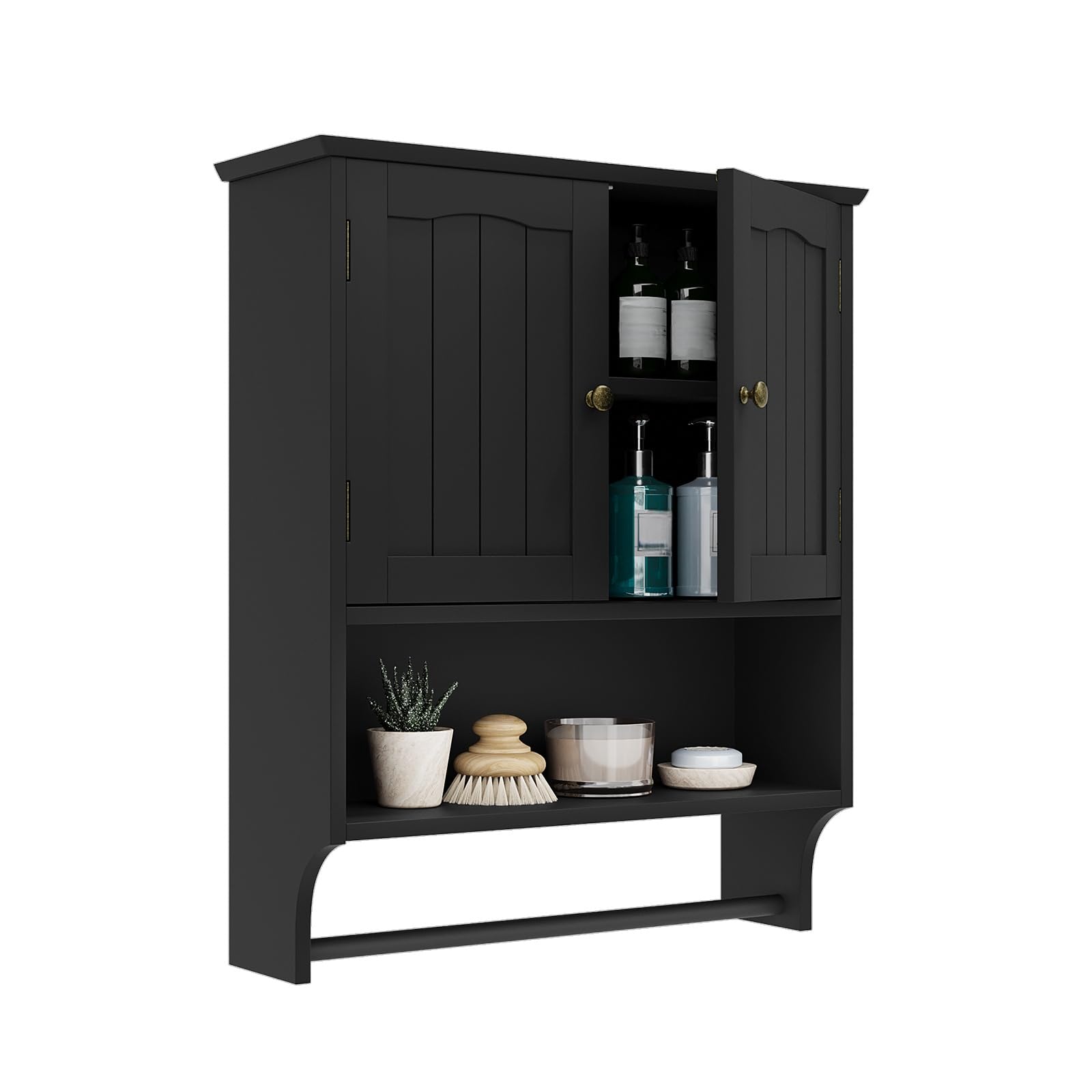 Smuxee black bathroom cabinet with towels bar for tidy storage