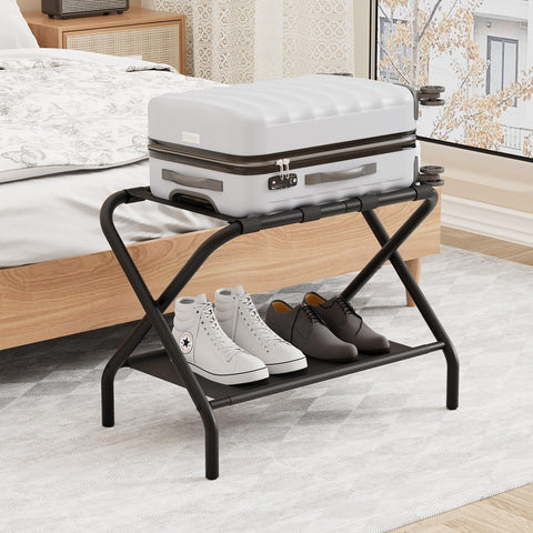 Smuxee black luggage rack assembled with top shelf for easy suitcase access.