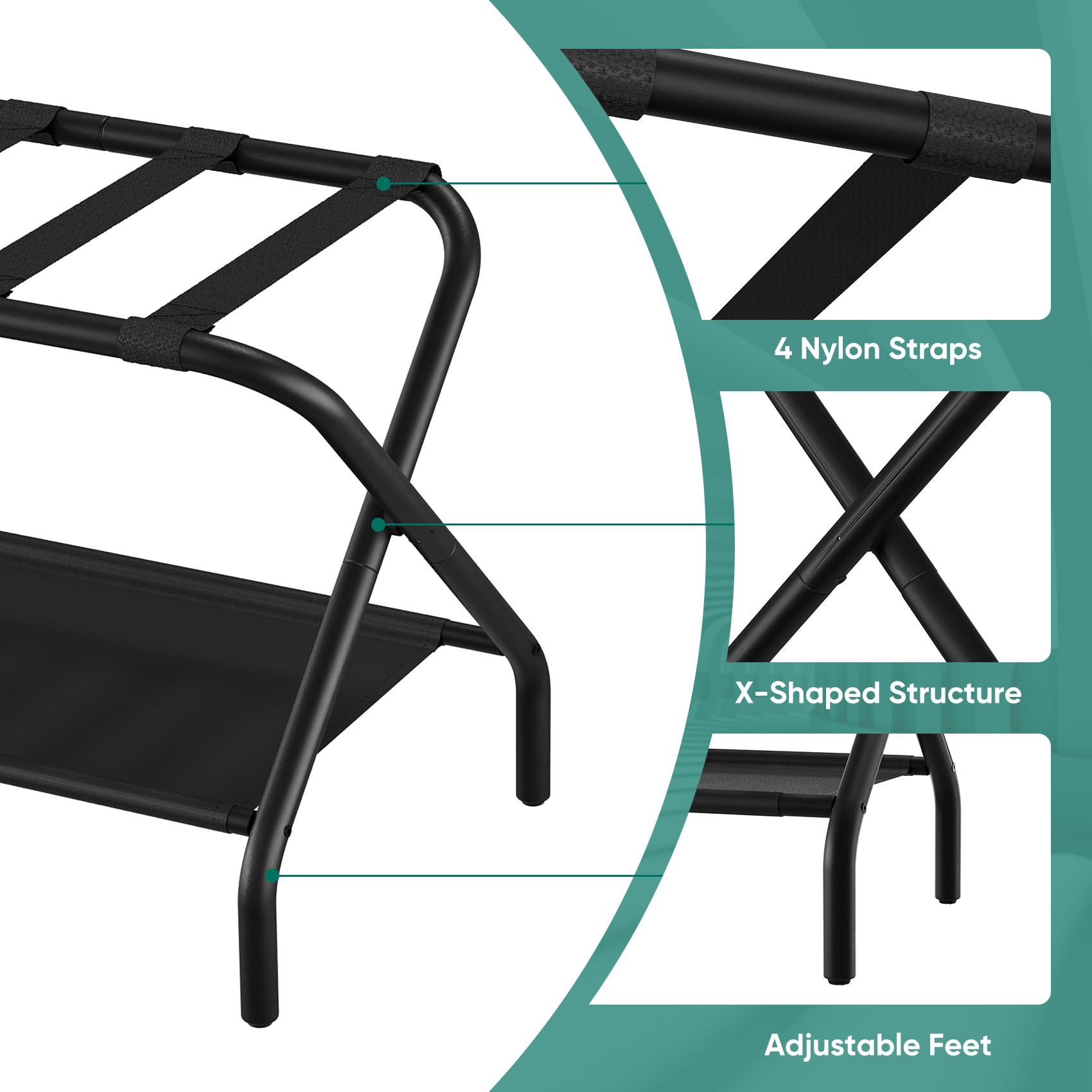 Smuxee black luggage rack bottom shelf supports lightweight items.