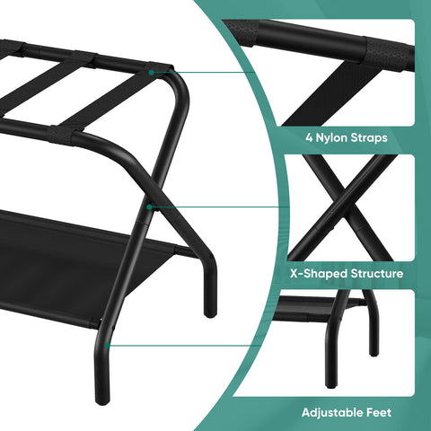 Smuxee black luggage rack bottom shelf supports lightweight items.