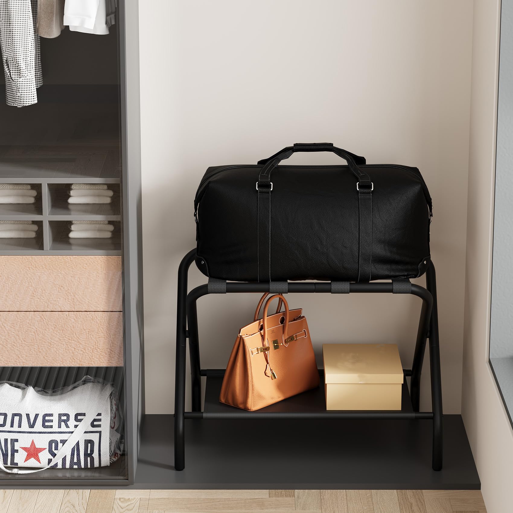 Smuxee black luggage rack fabric shelf provides a durable surface.