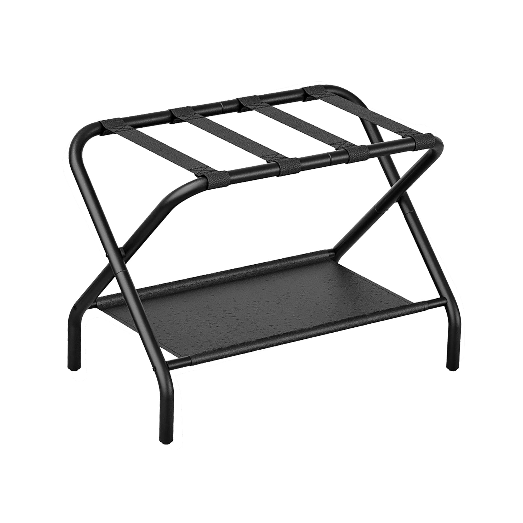 Smuxee black luggage rack folded for compact under-bed storage.