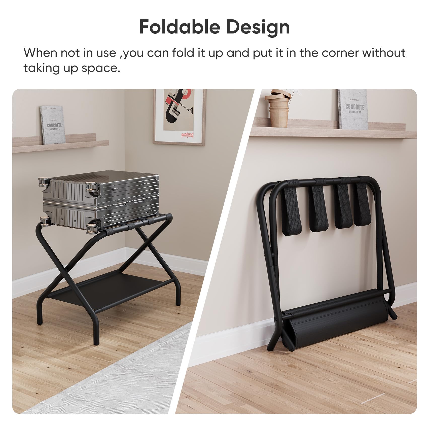 Smuxee black luggage rack folding action showing quick, space-saving setup.