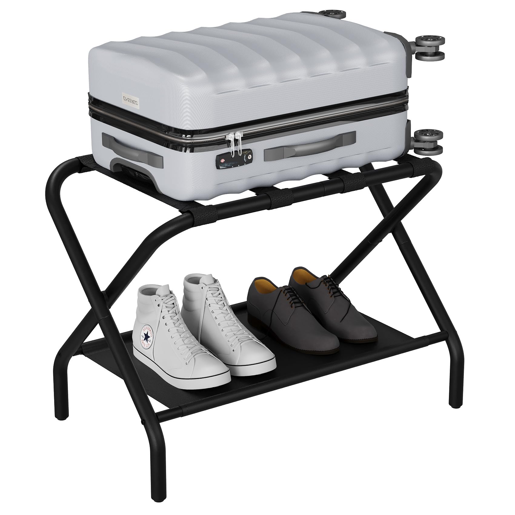 Smuxee black luggage rack in a hotel room demonstrates guest-friendly organization.