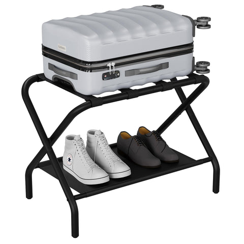 Smuxee black luggage rack in a hotel room demonstrates guest-friendly organization.