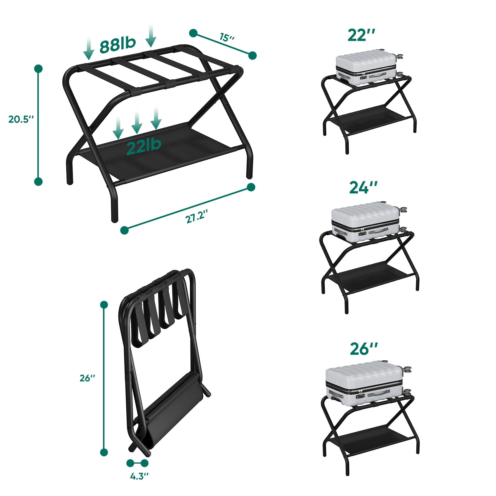 Smuxee black luggage rack with nylon straps securing luggage during use.