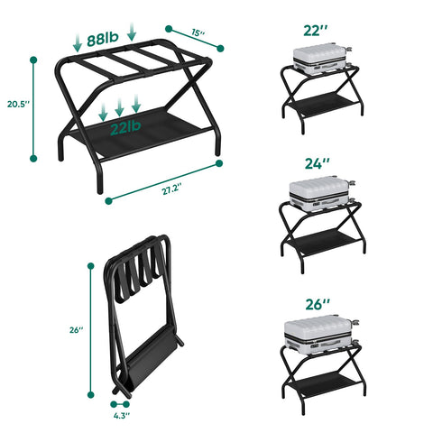 Smuxee black luggage rack with nylon straps securing luggage during use.
