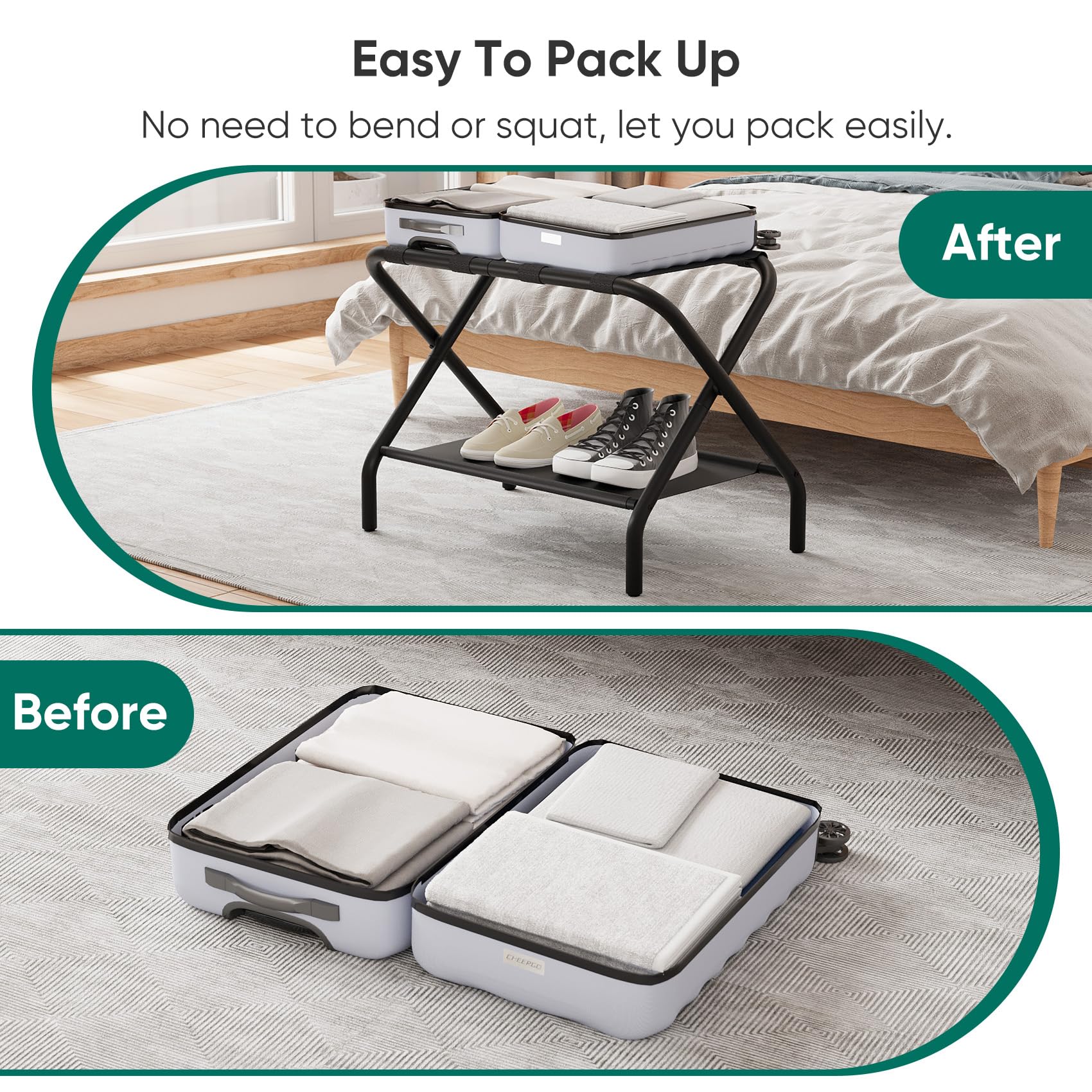 Smuxee black luggage rack top shelf detail highlights sturdy storage.