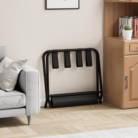 Smuxee black luggage rack tucked under bed maximizing room decluttering.