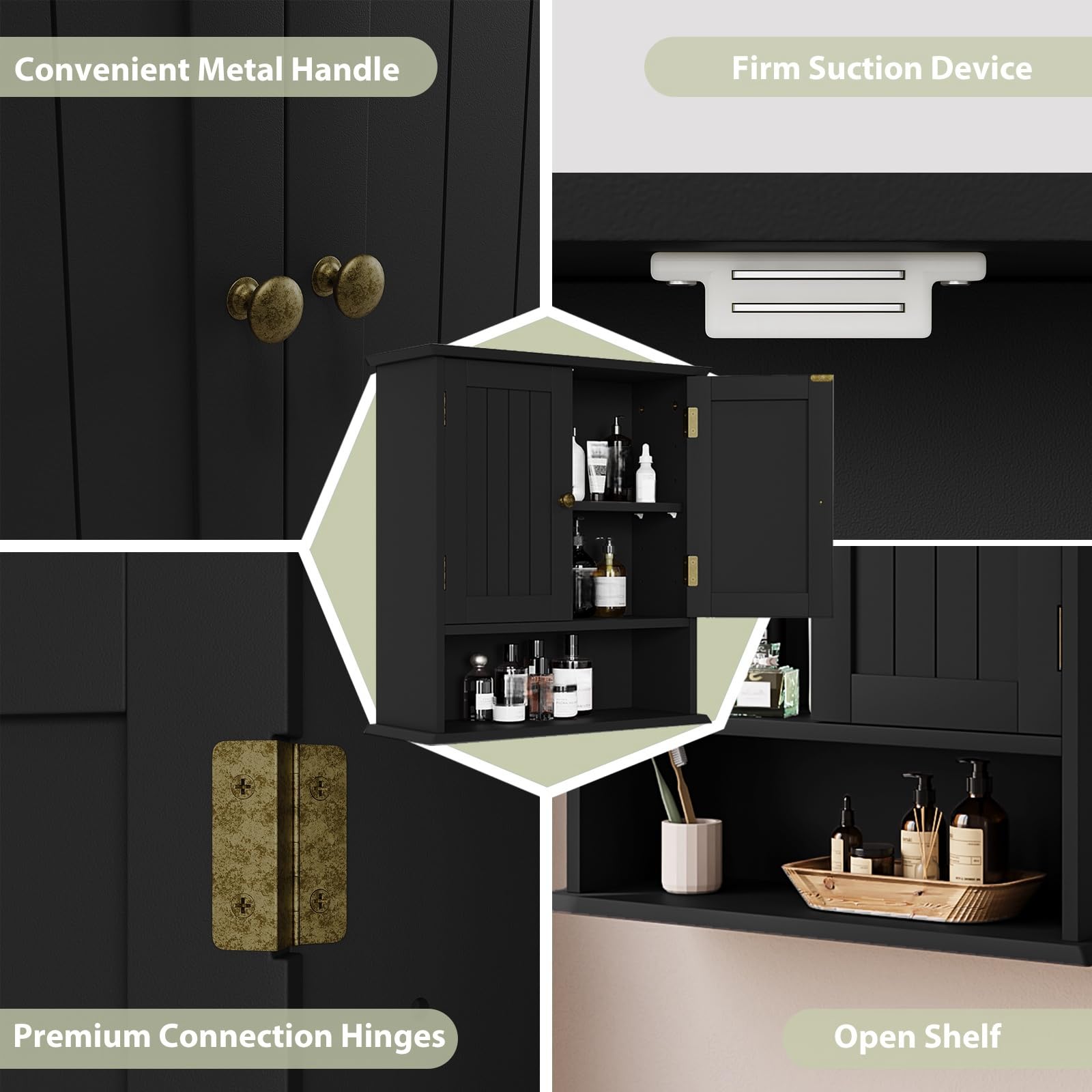 Smuxee black wall cabinet hidden shelf and open shelf for versatility