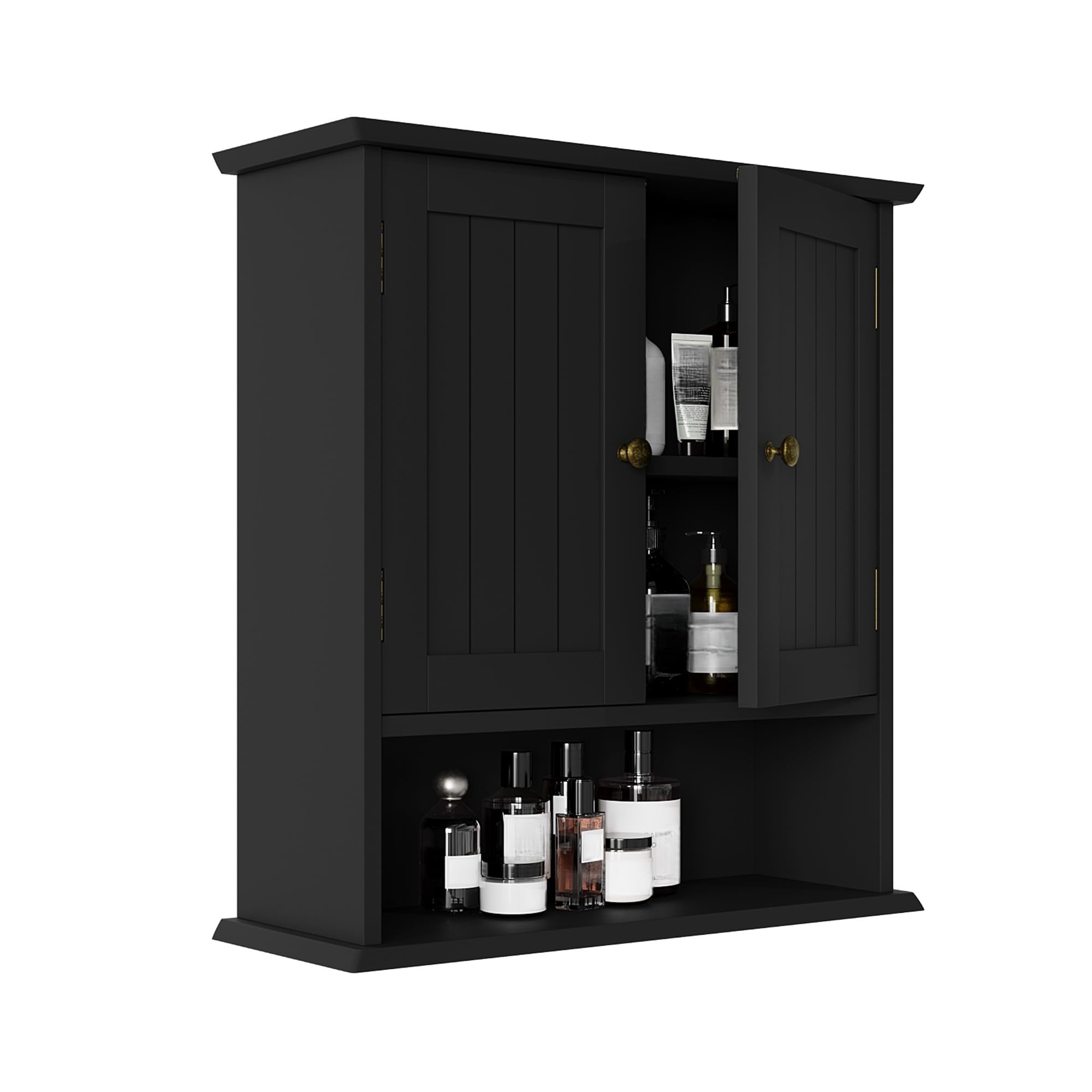 Smuxee black wall cabinet over toilet assembly showing compact storage for towels