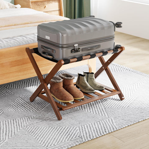 Smuxee fully assembled walnut luggage rack provides sturdy support for suitcases