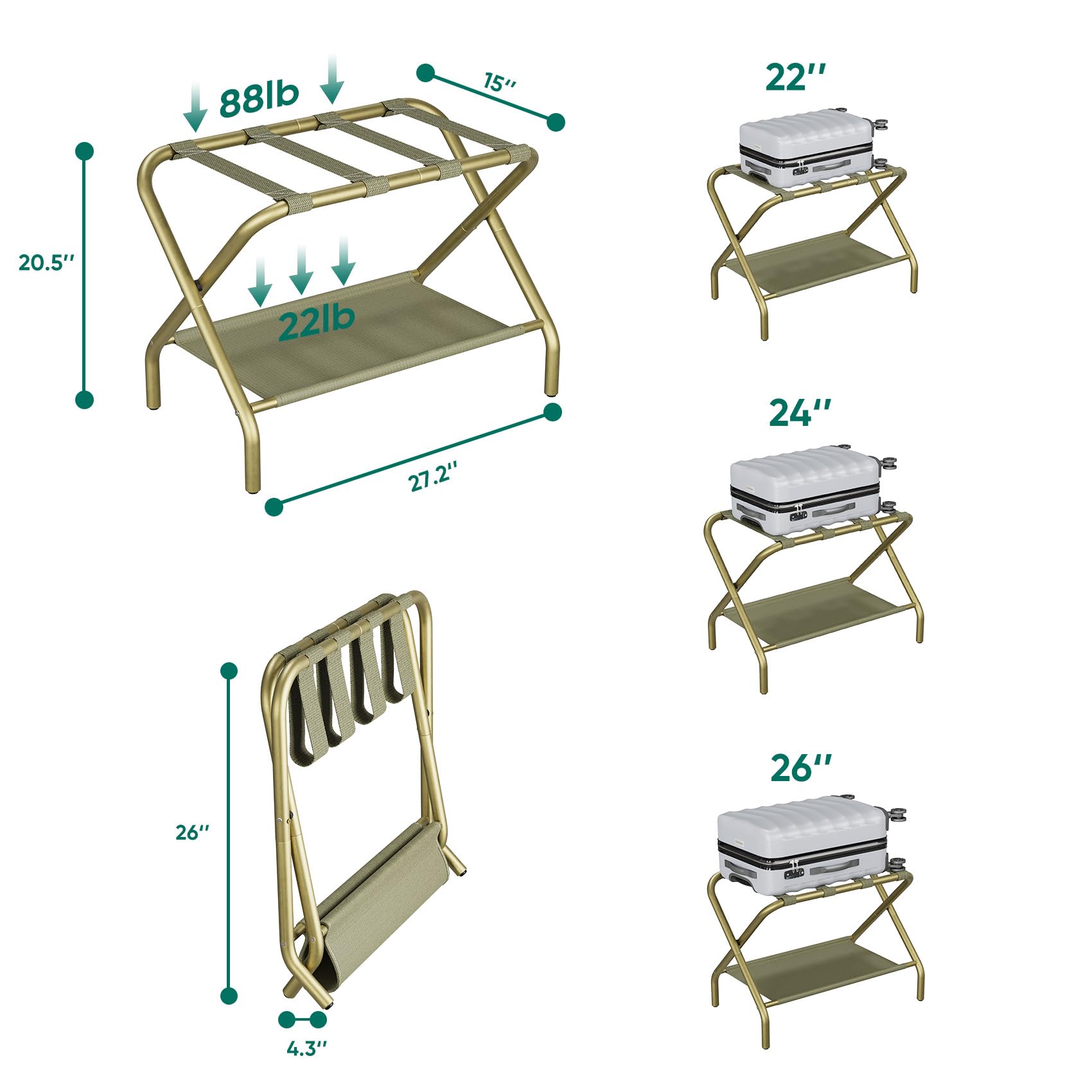 Smuxee Gold luggage rack uses a durable iron frame for stability.