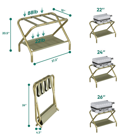 Smuxee Gold luggage rack uses a durable iron frame for stability.