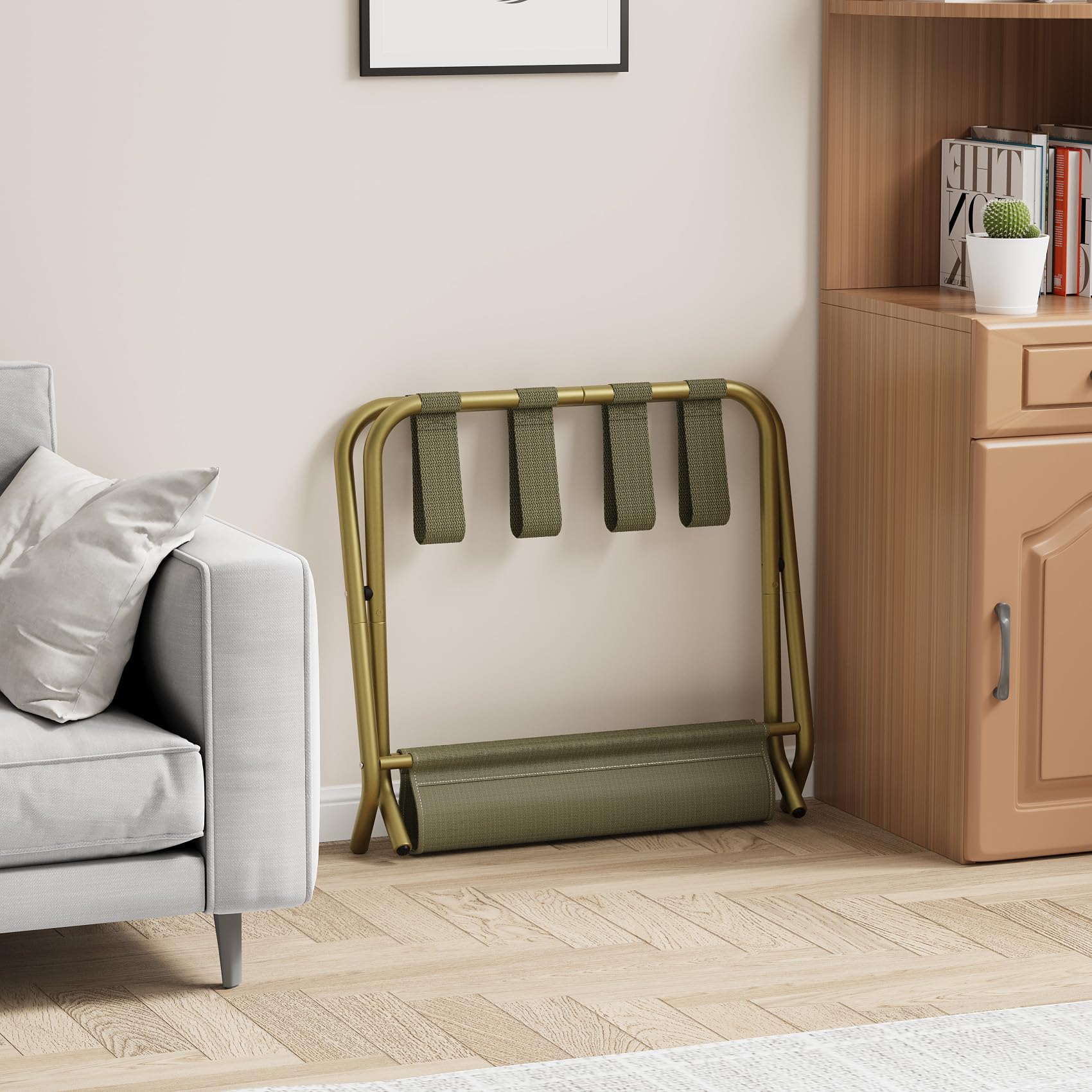 Smuxee Gold luggage rack folds in seconds for easy closet storage.